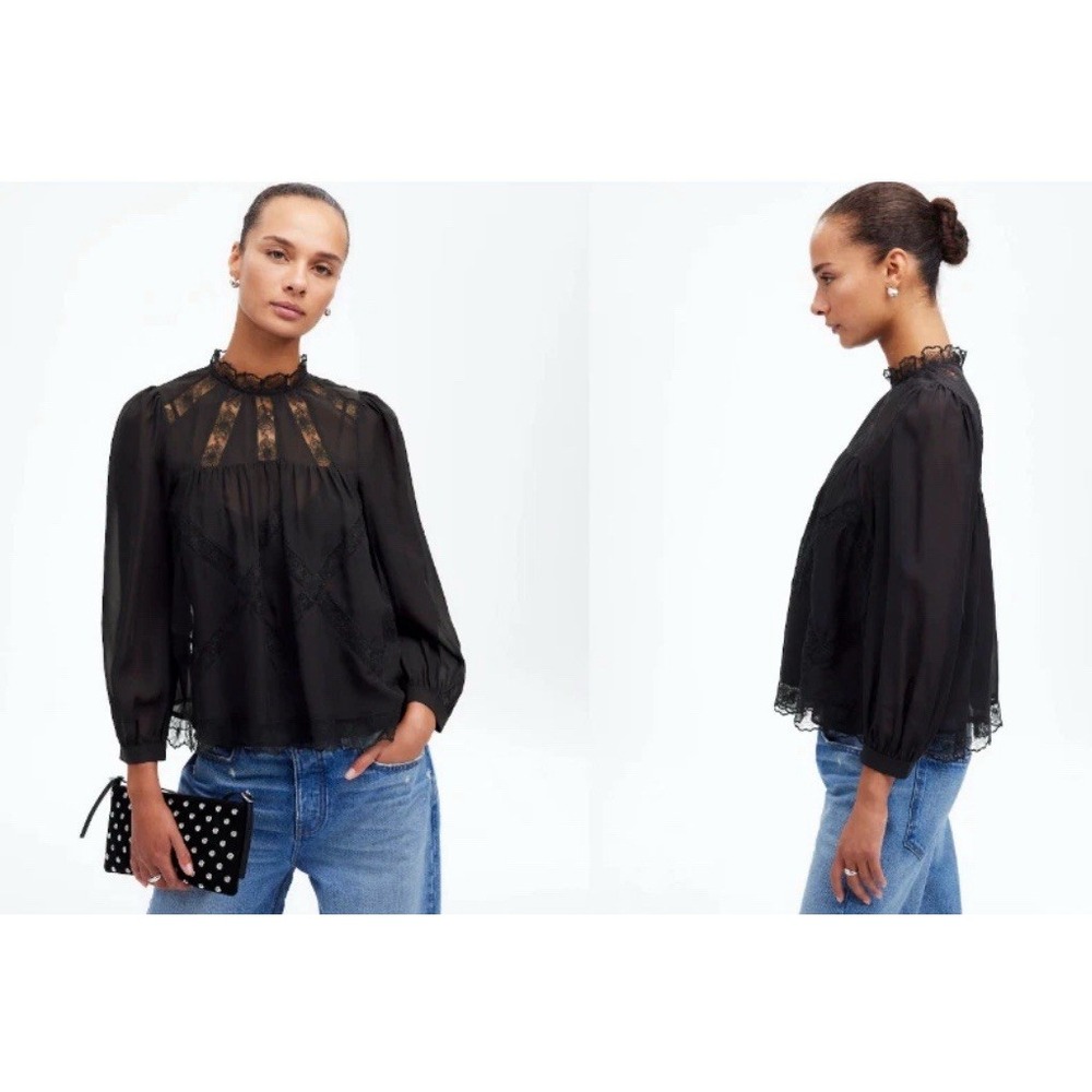 Madewell Womens $168 Lace Inset Silk Top Black Size S NT229 NWT